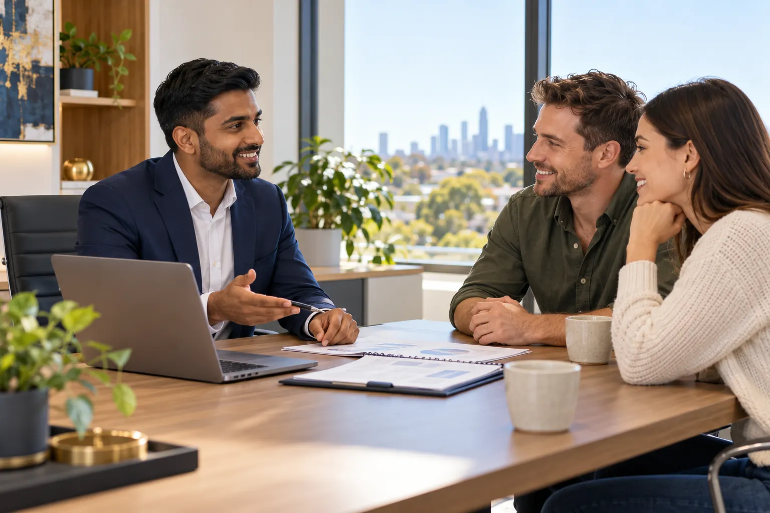 Broker meeting with clients to discuss their loan
