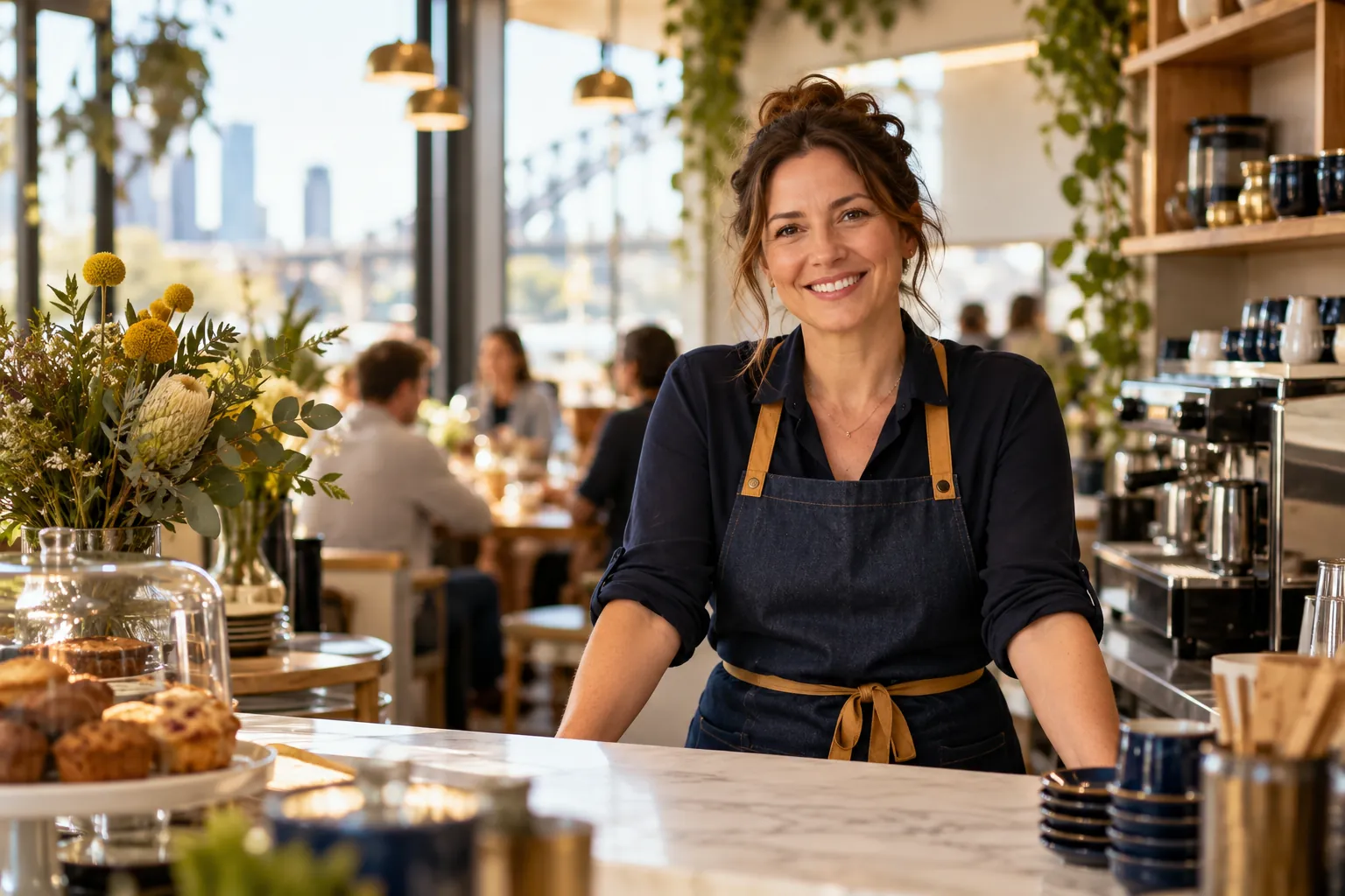 Smiling small business owner behind the counter of her café