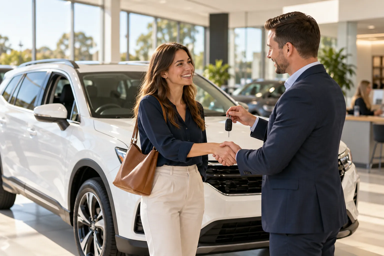 Woman receiving the keys to her new SUV at a car dealership