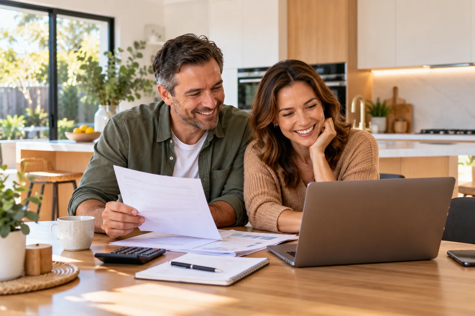Couple reviewing their home loan paperwork and laptop at the kitchen table