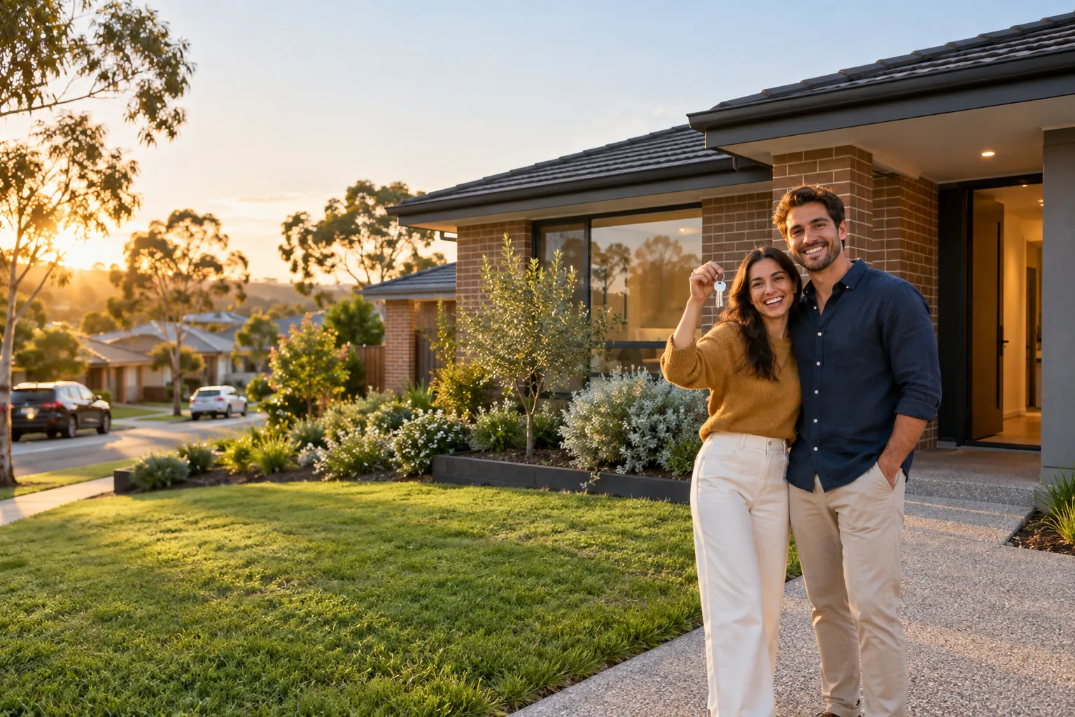 Happy couple holding the keys to their new home in a Melbourne suburb