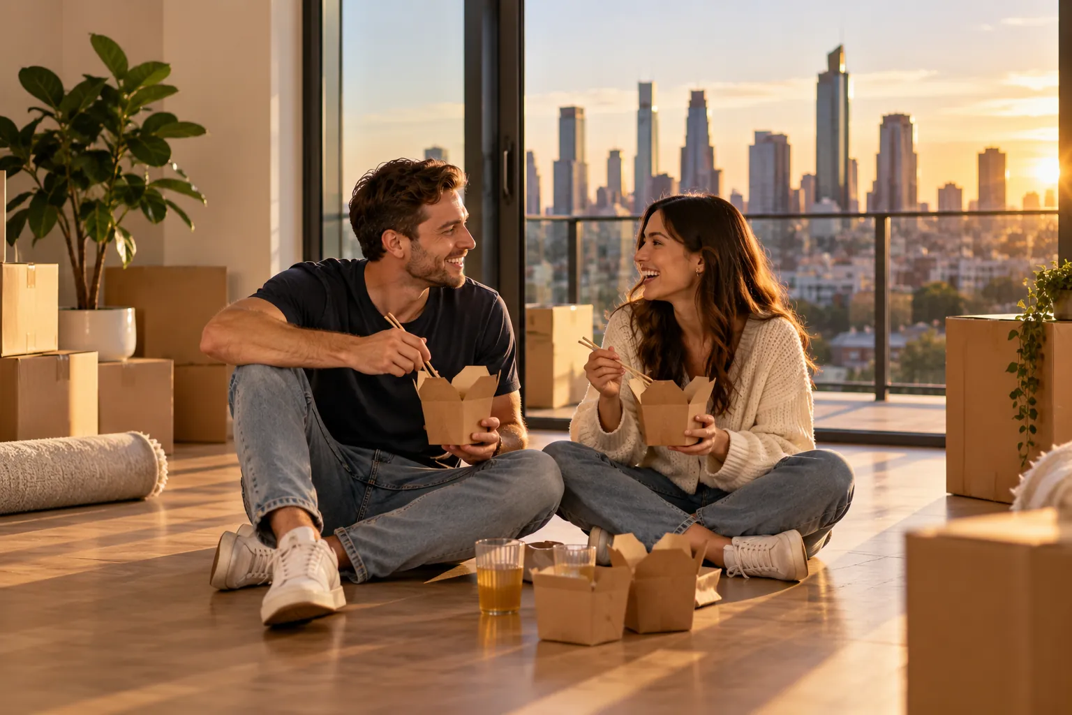 Young couple celebrating with takeaway on the floor of their first apartment