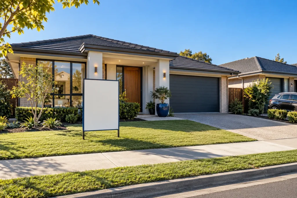 Modern single-storey Australian home with a real estate sign on the front lawn