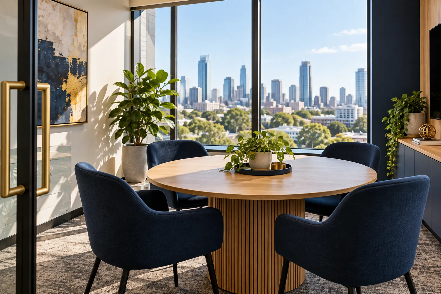Bright meeting room with navy chairs and a city view