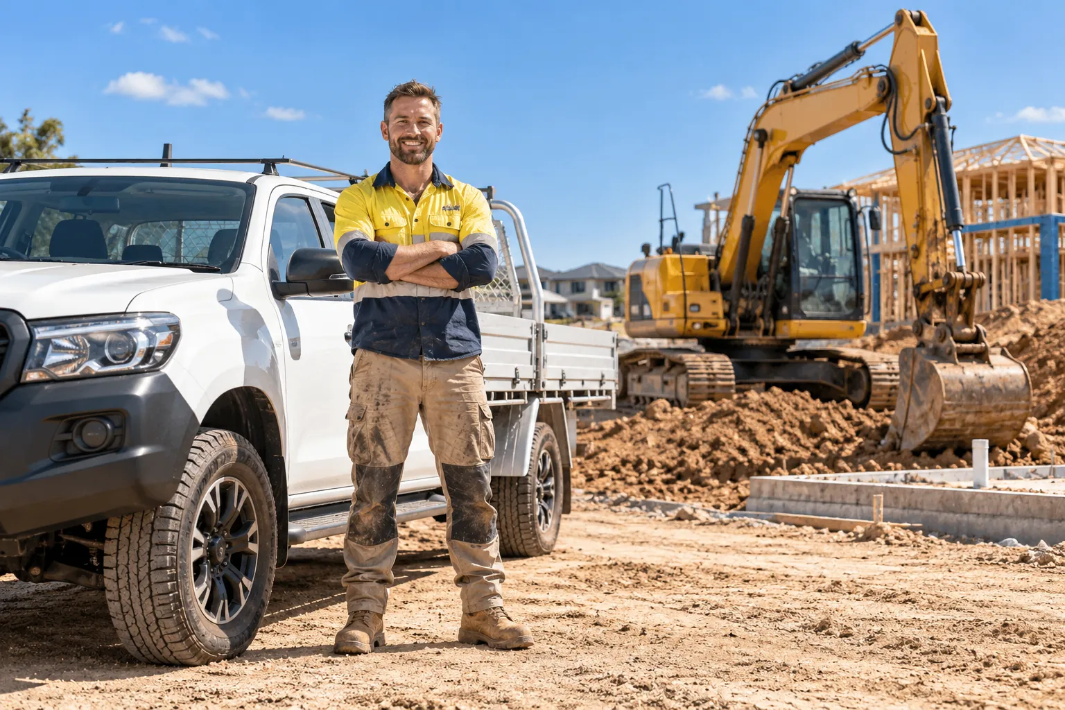 Tradie standing beside his work ute and an excavator on a building site